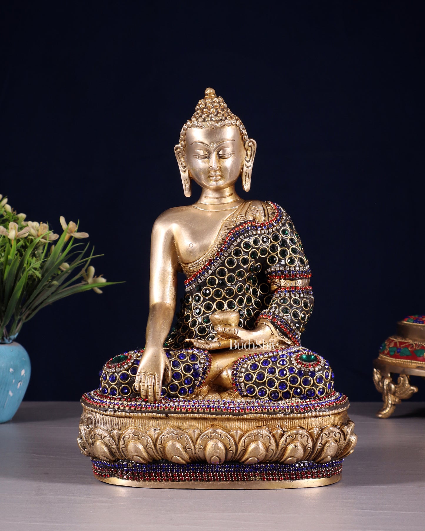 Brass Buddha bhoomisparsha Idol - 9 Inch jewellers meenakari