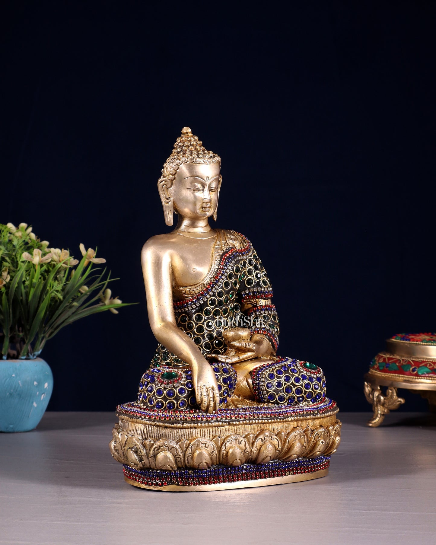 Brass Buddha bhoomisparsha Idol - 9 Inch jewellers meenakari