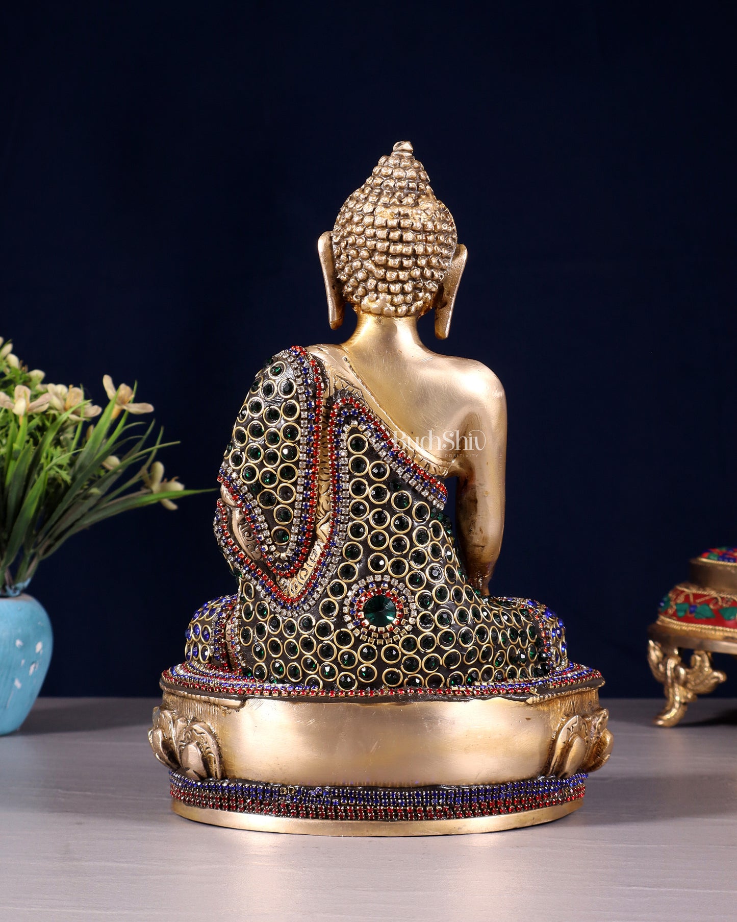 Brass Buddha bhoomisparsha Idol - 9 Inch jewellers meenakari