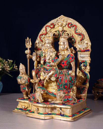Brass Shiv Parivar Idol - Floral stonework  - 12" Height