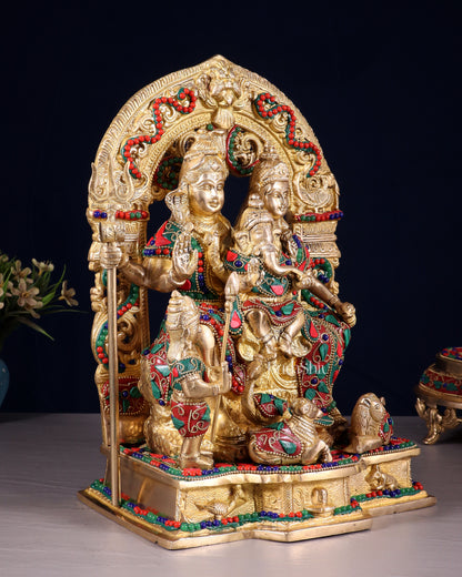 Brass Shiv Parivar Idol - Floral stonework  - 12" Height