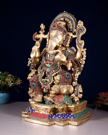 Pure Brass Lord Ganesha Idol with Jewellers Meenakari 18"