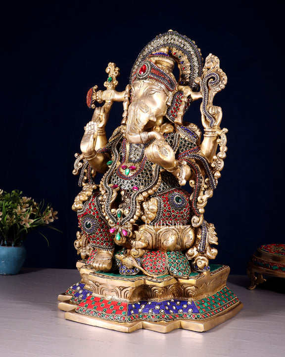 Pure Brass Lord Ganesha Idol with Jewellers Meenakari 18"
