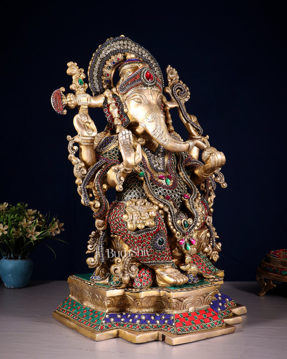 Pure Brass Lord Ganesha Idol with Jewellers Meenakari 18"