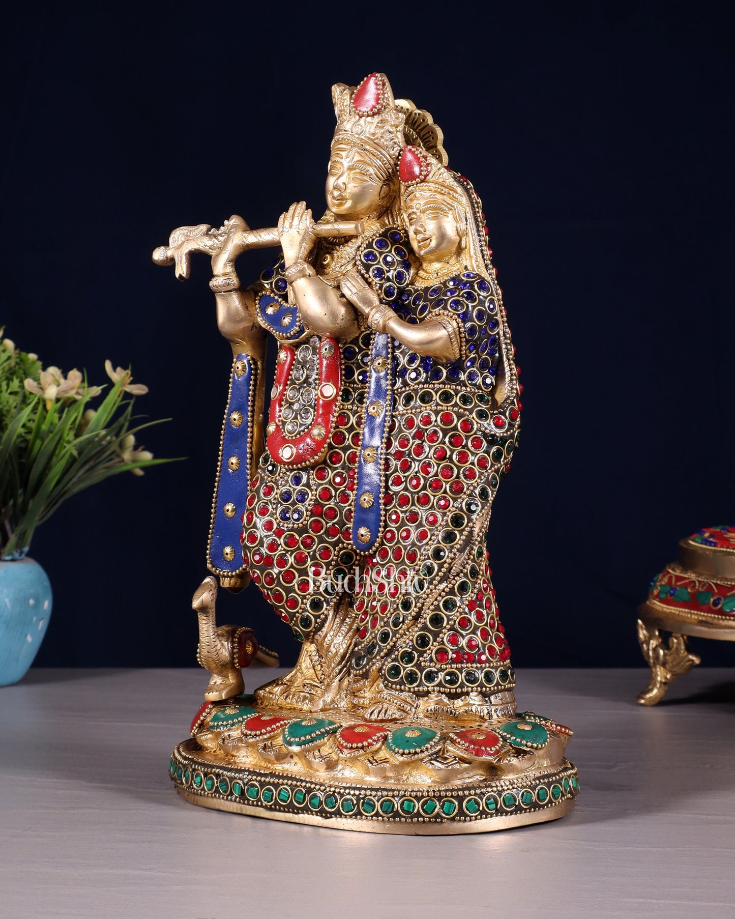 Pure Brass Radha Krishna Idol with Jewels Stonework 10.5"