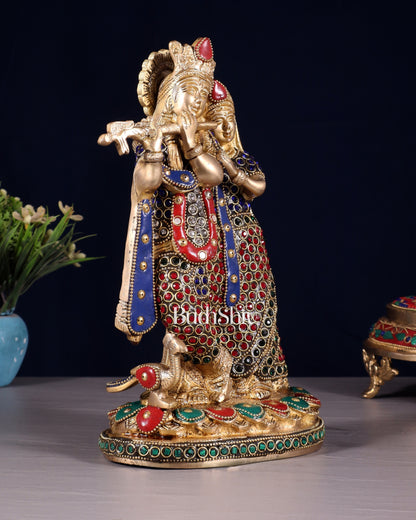 Pure Brass Radha Krishna Idol with Jewels Stonework 10.5"