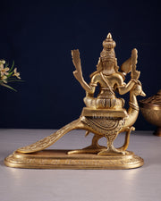 Pure Brass Lord Murugan (Kartikeya) Seated on Peacock Idol 8"