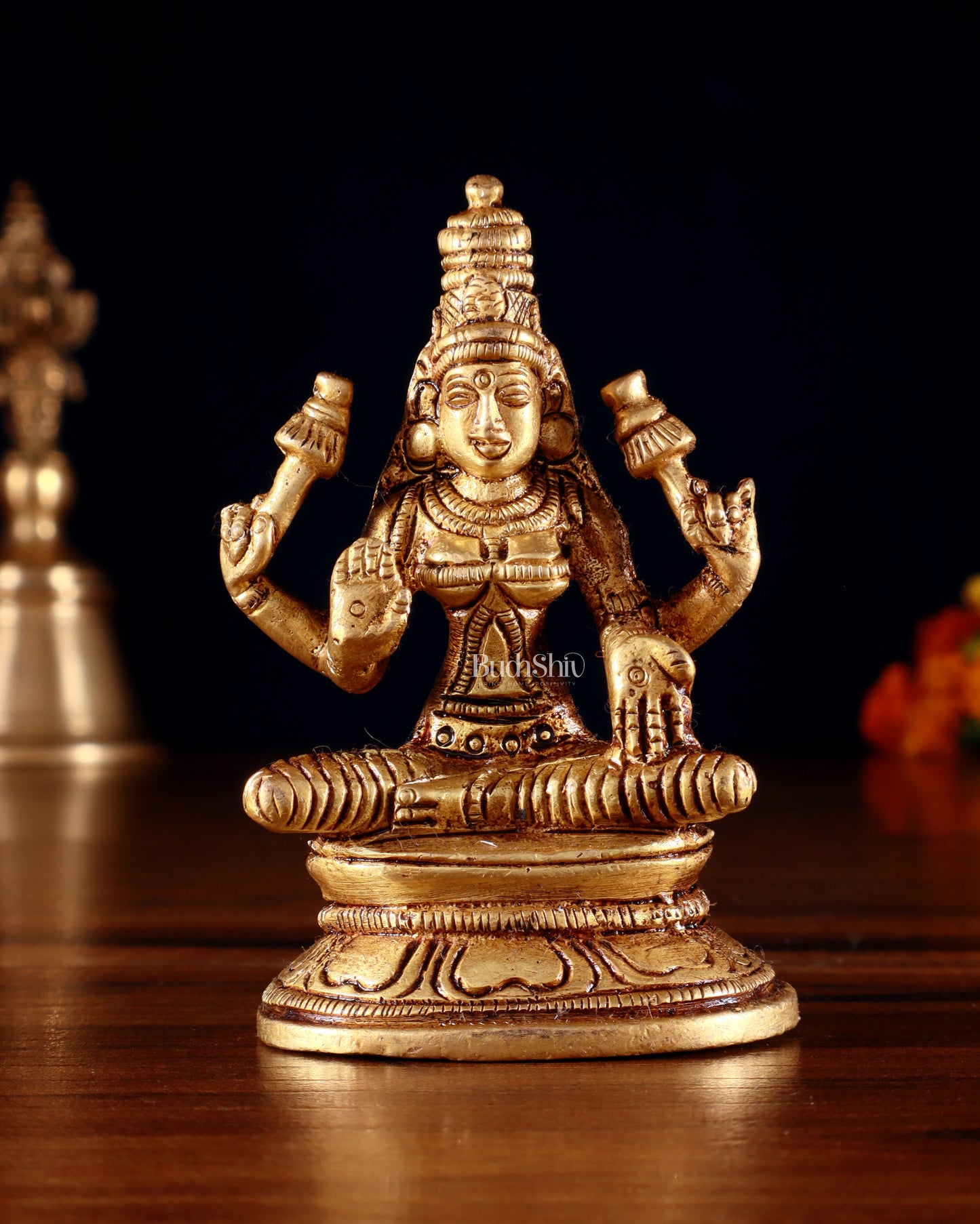 Pure Brass Small Goddess Lakshmi Idol | 3.5 Inch golden butter tone