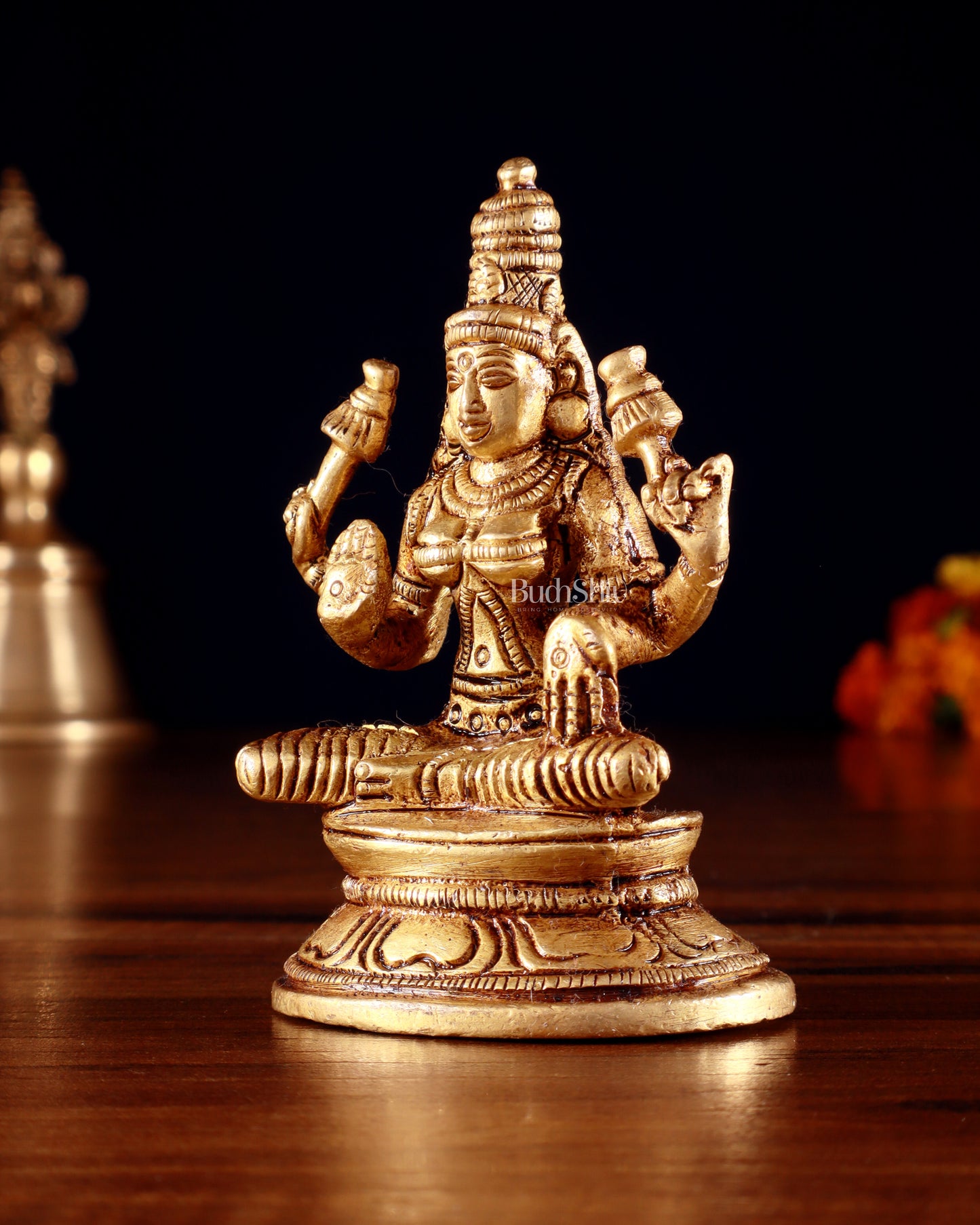 Pure Brass Small Goddess Lakshmi Idol | 3.5 Inch golden butter tone