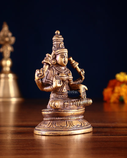 Pure Brass Small Goddess Lakshmi Idol | 3.5 Inch Antique tone