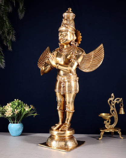 Brass Standing Garuda Dev Statue - Golden Finish, 22" Tall, 11 kg