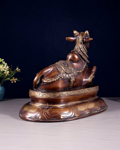 Pure Brass Nandi Idol on Engraved Base - 10-Inch
