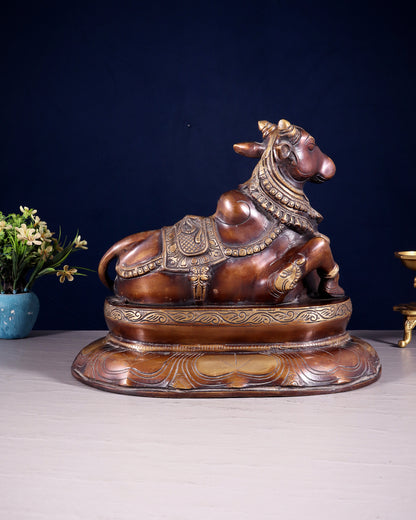 Pure Brass Nandi Idol on Engraved Base - 10-Inch