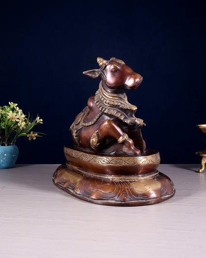 Pure Brass Nandi Idol on Engraved Base - 10-Inch