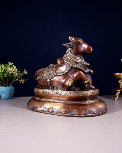 Pure Brass Nandi Idol on Engraved Base - 10-Inch