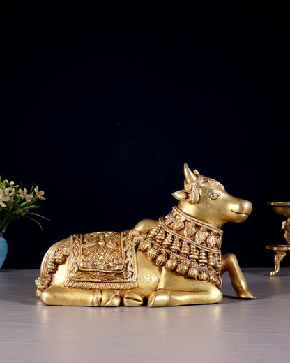 Pure Brass Engraved Nandi Statue – 10" butter gold