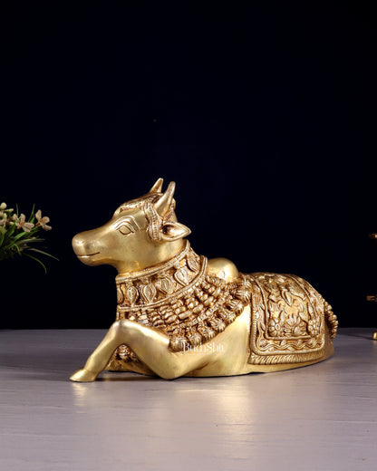 Pure Brass Engraved Nandi Statue – 10" butter gold