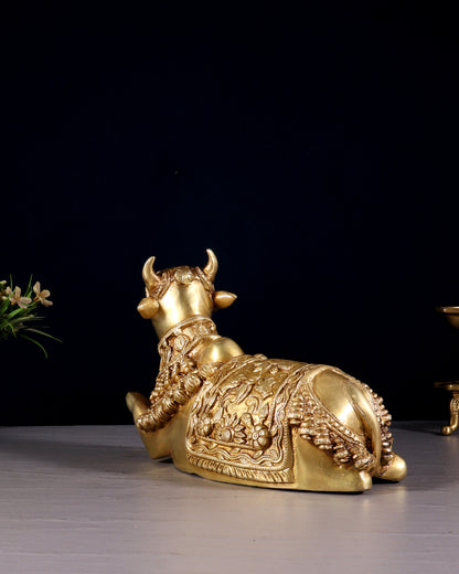 Pure Brass Engraved Nandi Statue – 10" butter gold