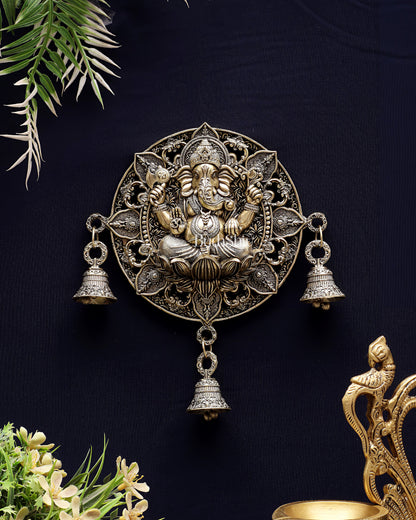 Auspicious Brass Ganesh Round Wall Hanging with Bells 7"