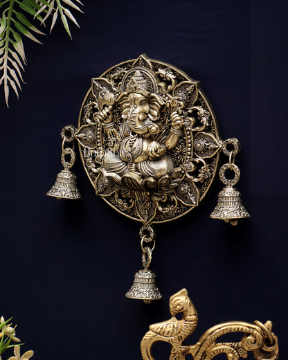 Auspicious Brass Ganesh Round Wall Hanging with Bells 7"
