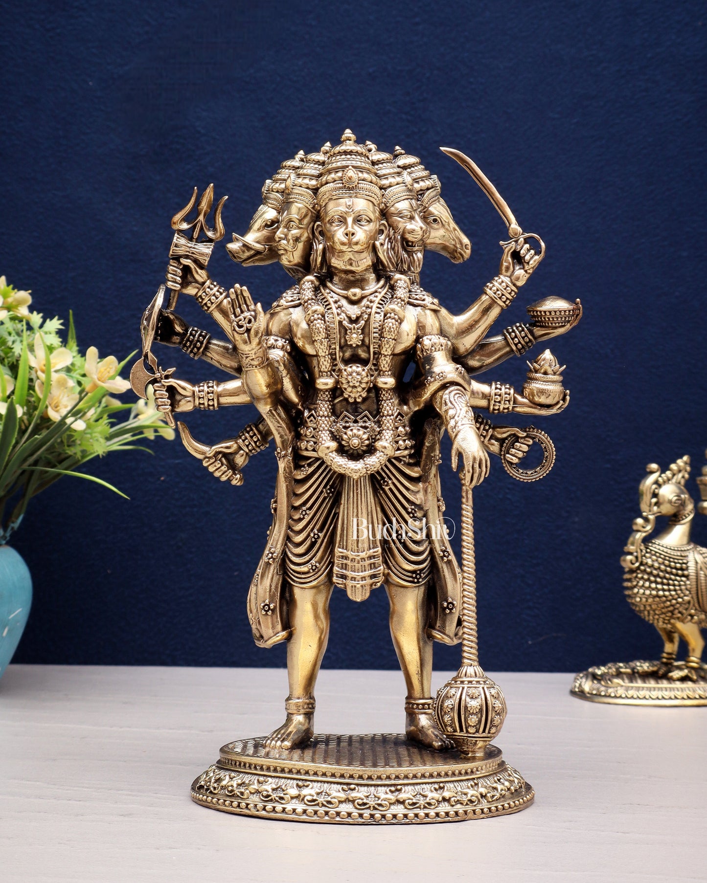 Brass Superfine Intricate Standing Panchmukhi Hanuman Idol 8"