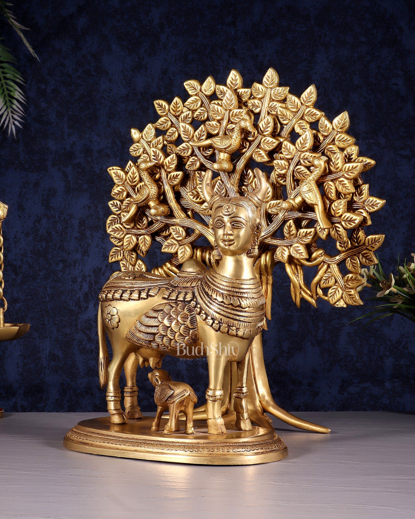 Kamdhenu Cow with Calf and Kalpavriksha Tree of Life – Antique Finish Brass Set 12"