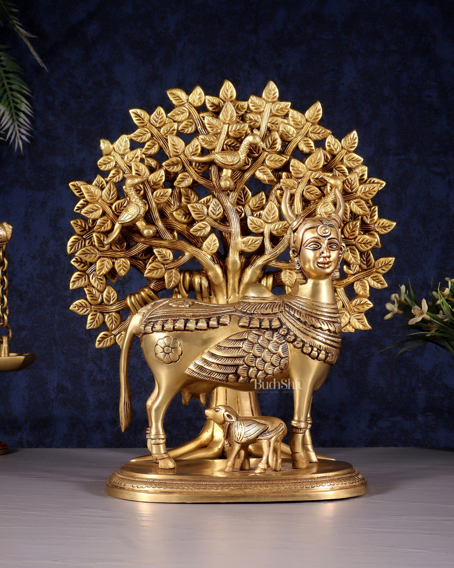 Kamdhenu Cow with Calf and Kalpavriksha Tree of Life – Antique Finish Brass Set 12"