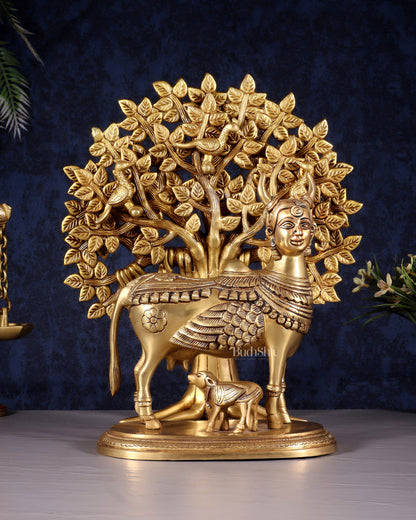 Kamdhenu Cow with Calf and Kalpavriksha Tree of Life – Antique Finish Brass Set 12"
