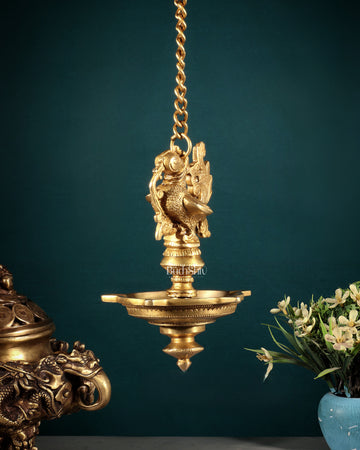 Pure Brass Annam Pakshi Peacock Hanging Oil Lamp Diya – Intricately Crafted