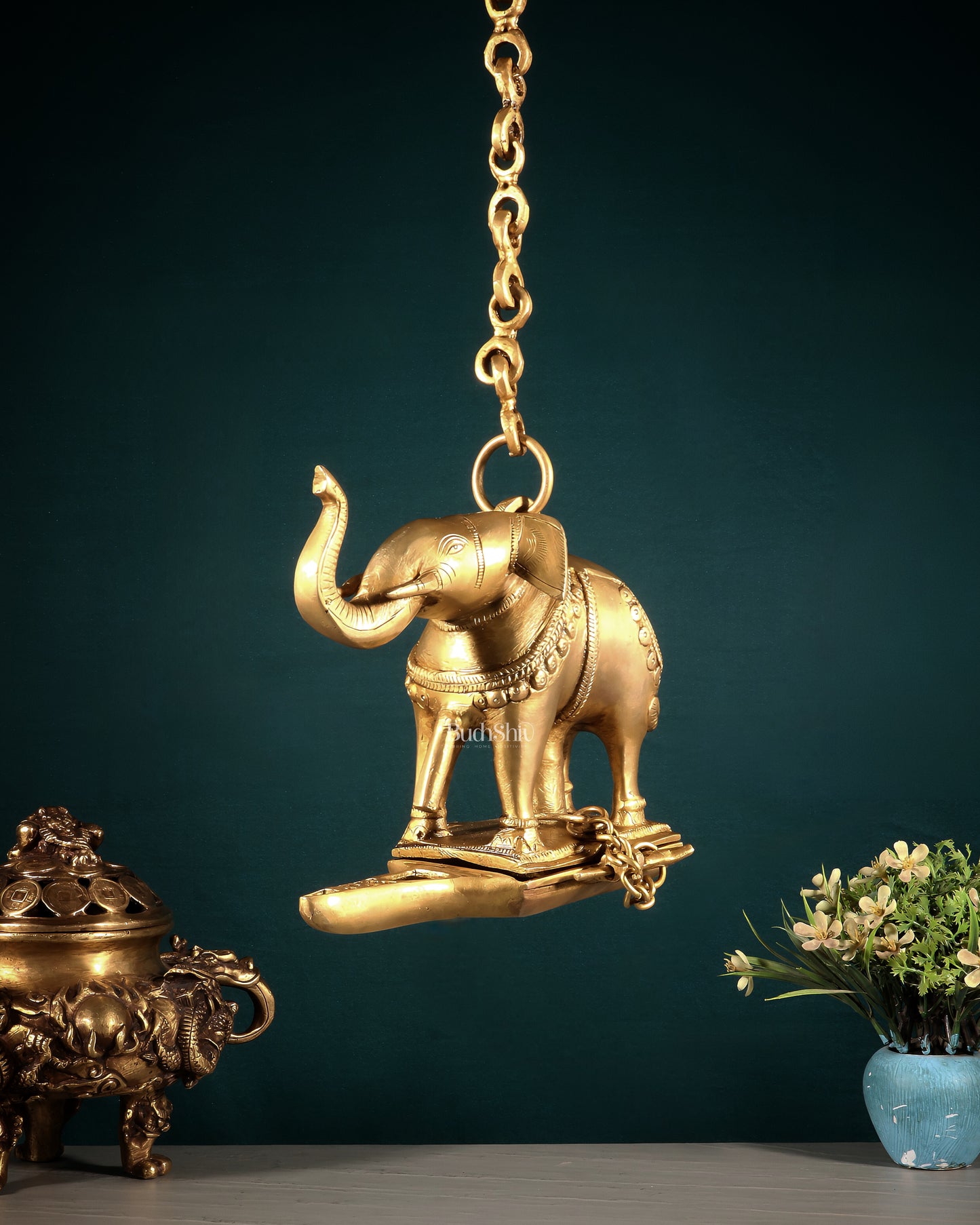 Brass Unique Hanging Elephant Lamp with Trunk Up