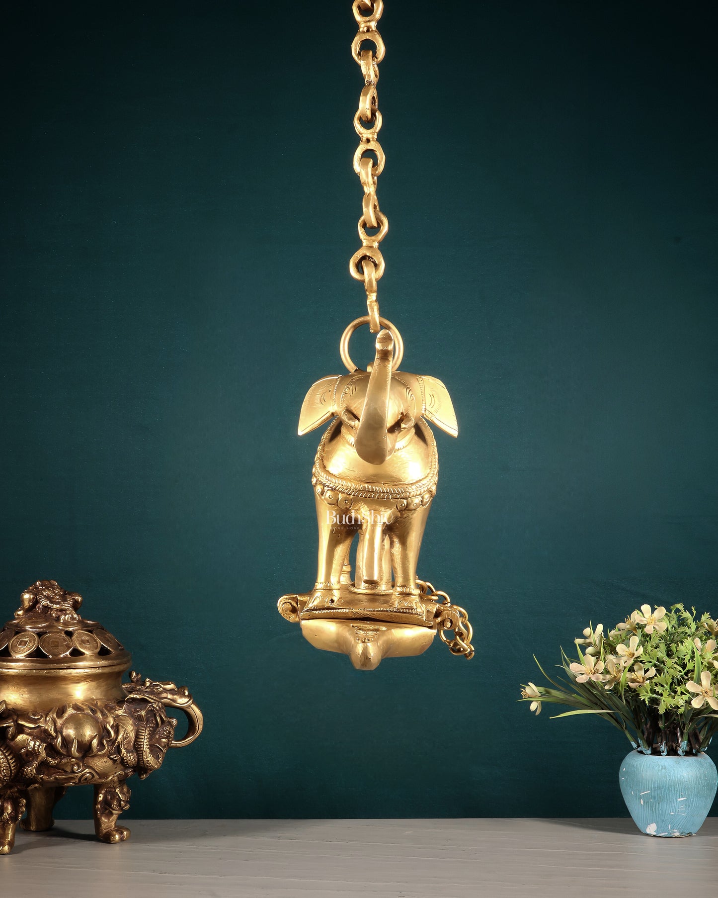 Brass Unique Hanging Elephant Lamp with Trunk Up