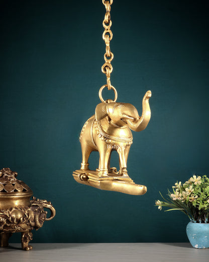 Brass Unique Hanging Elephant Lamp with Trunk Up