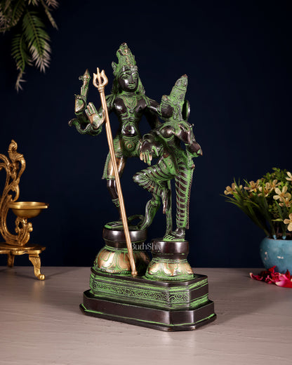 Vintage Brass Shiva Parvati Dancing Idols - 12.5" black and green