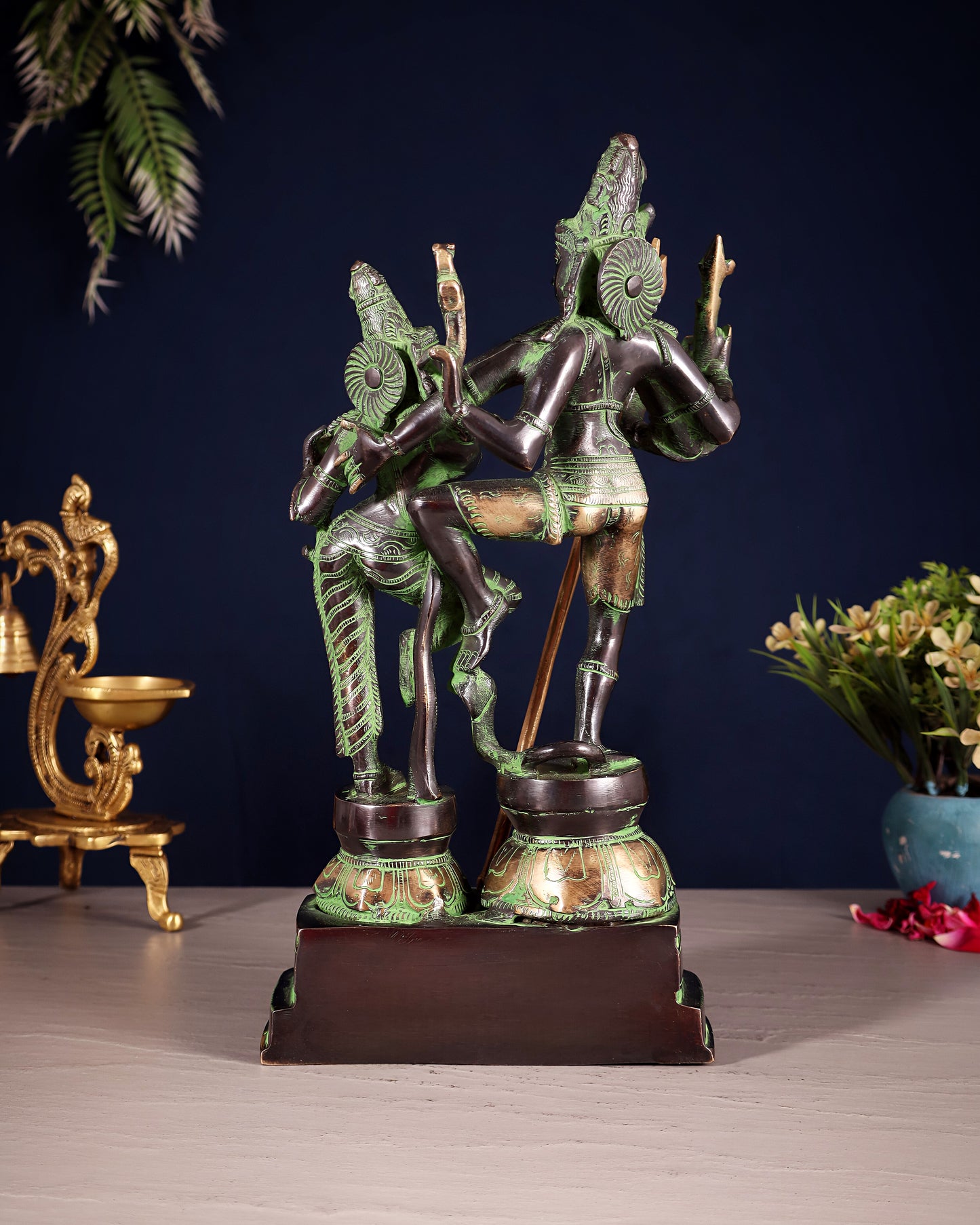 Vintage Brass Shiva Parvati Dancing Idols - 12.5" black and green