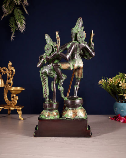 Vintage Brass Shiva Parvati Dancing Idols - 12.5" black and green