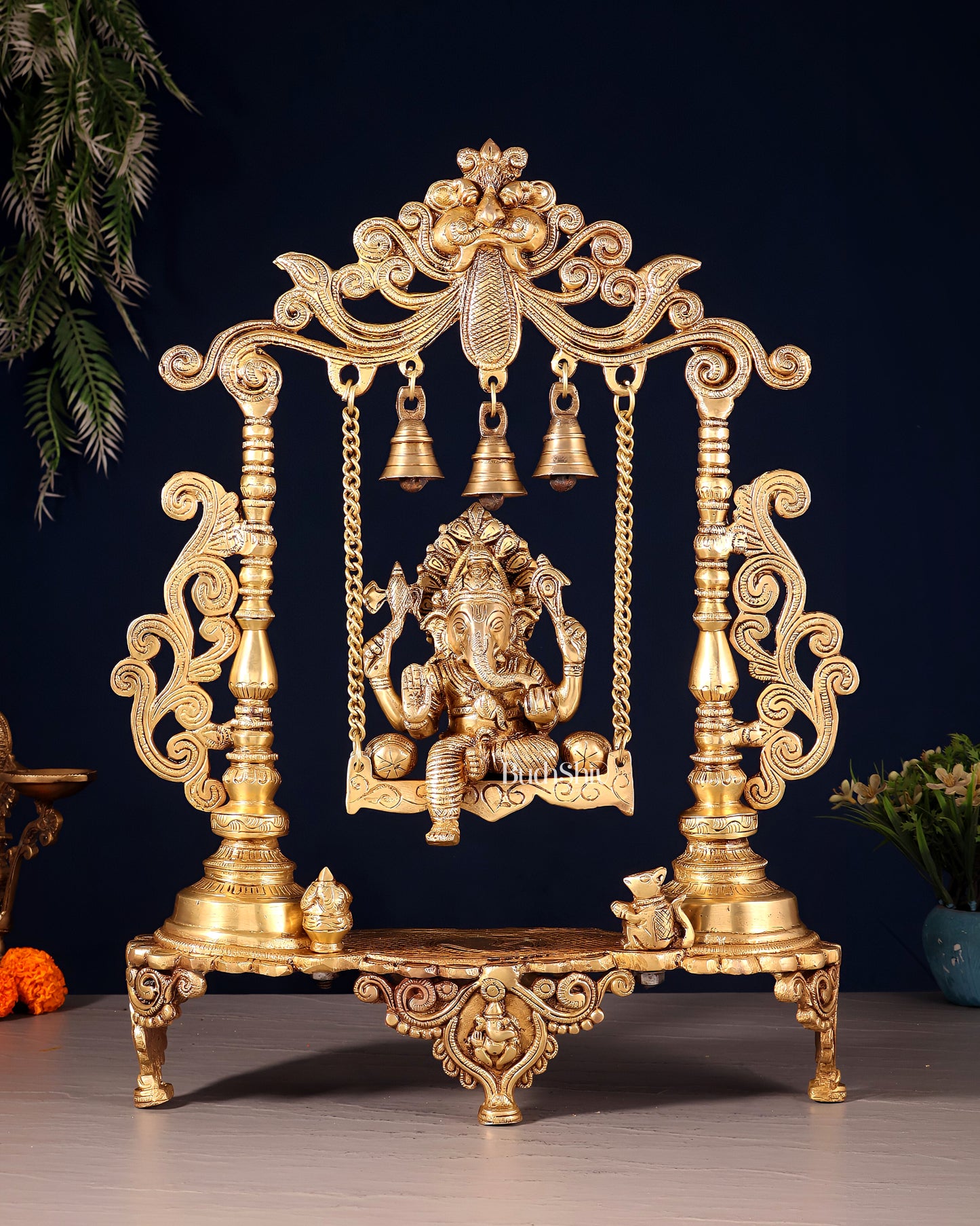Handcrafted Ganesha on a Swing idol - Superfine Brass, 20"