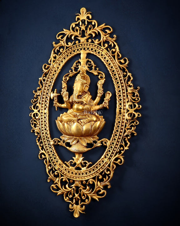 Pure Brass Lotus Ganesha Wall Hanging Frame – Large 30"