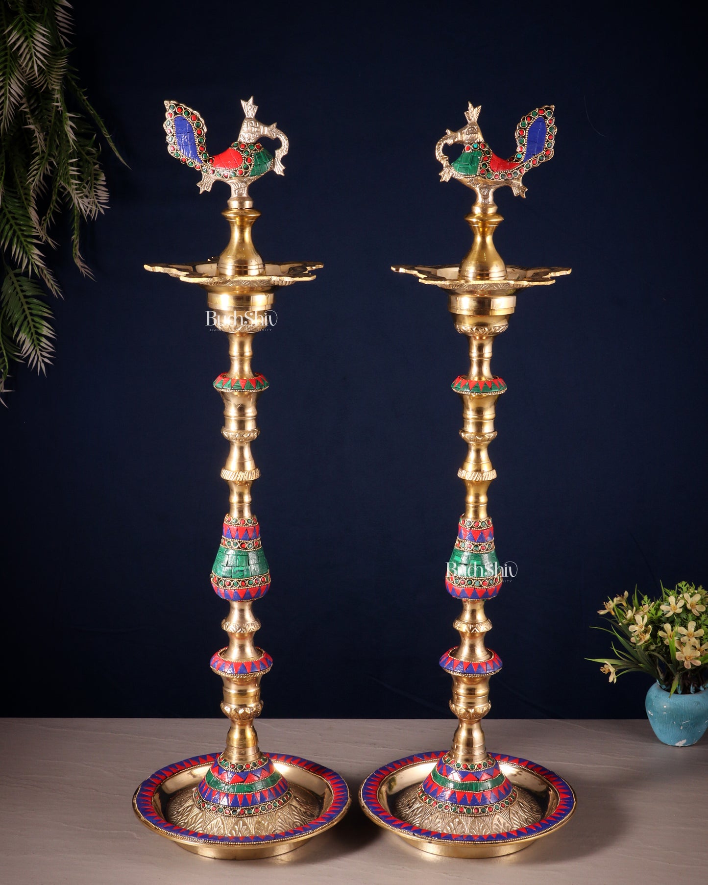 Majestic Brass Peacock Samai Lamp with Stonework pair | 2.2 Feet (26 Inch)