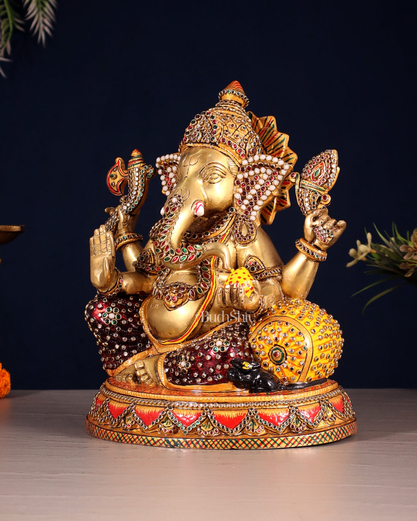 Unique Brass Lord Ganesha Decorated with Laakh Meenakari 9.5"