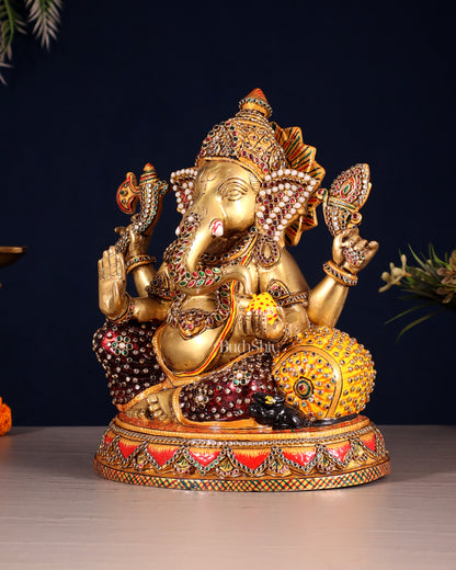 Unique Brass Lord Ganesha Decorated with Laakh Meenakari 9.5"