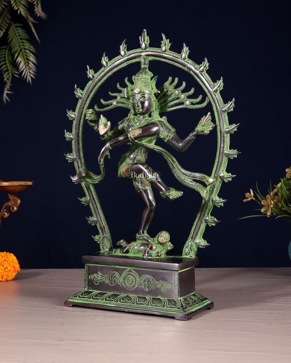 Brass Nataraja Statue – Black & Green Patina Tone 12" right leg up