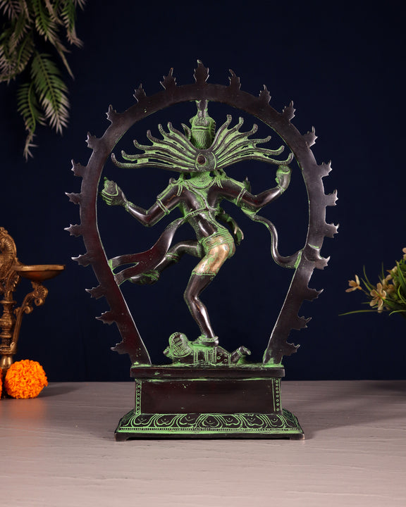 Brass Nataraja Statue – Black & Green Patina Tone 12" right leg up