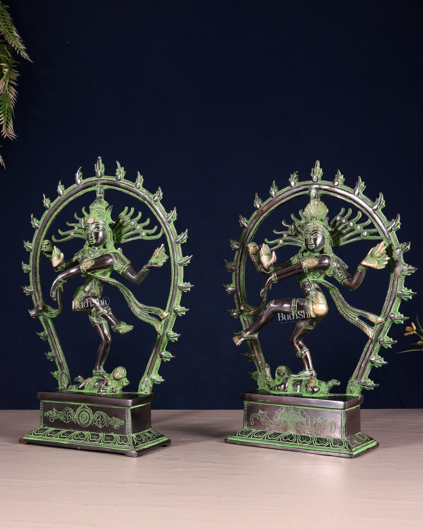 Pair of Brass Nataraja Statues – Black & Green Patina Tone (Mirror Image Set) 12"