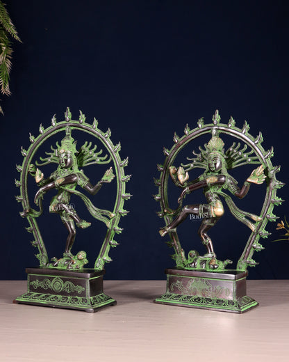Pair of Brass Nataraja Statues – Black & Green Patina Tone (Mirror Image Set) 12"