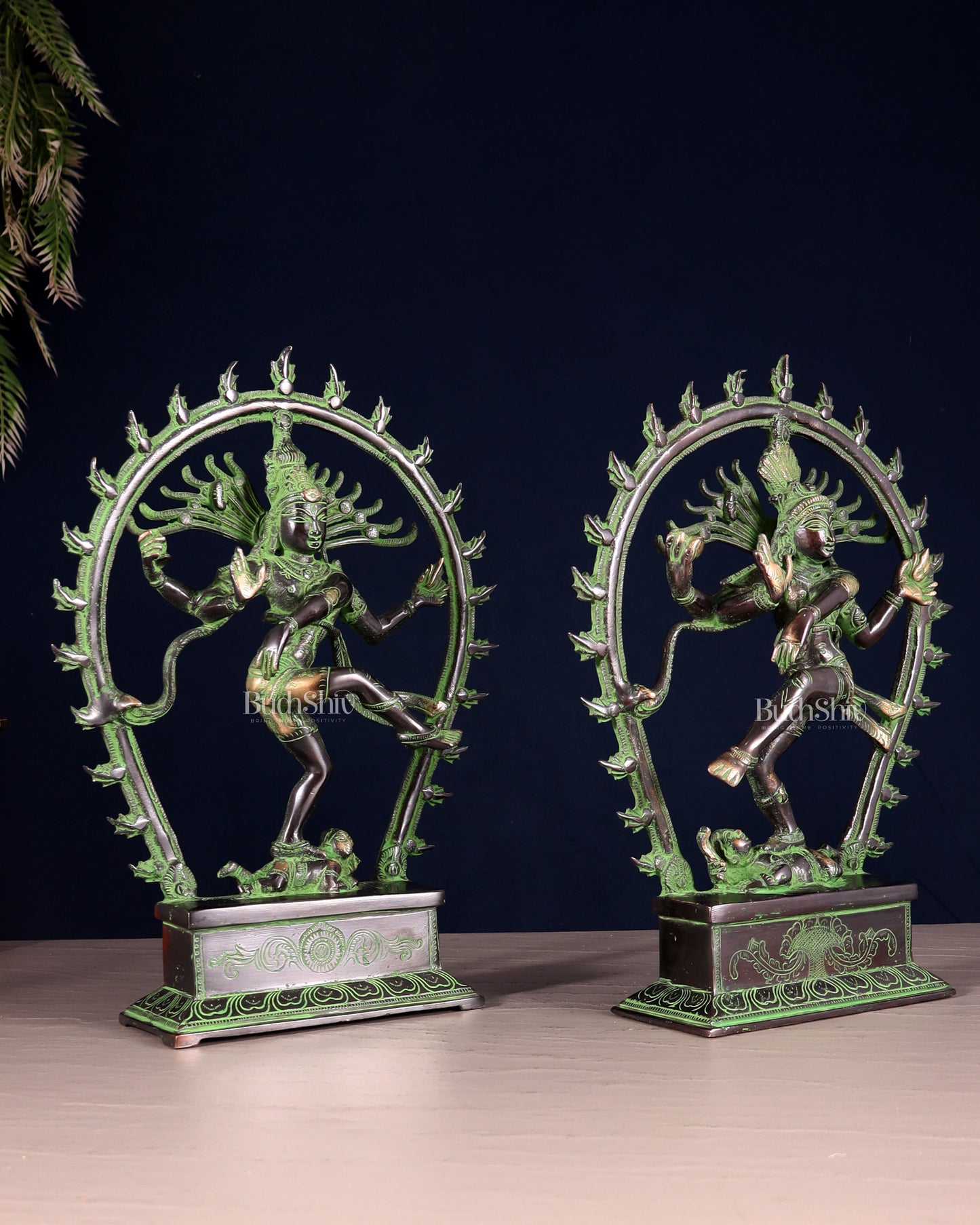 Pair of Brass Nataraja Statues – Black & Green Patina Tone (Mirror Image Set) 12"