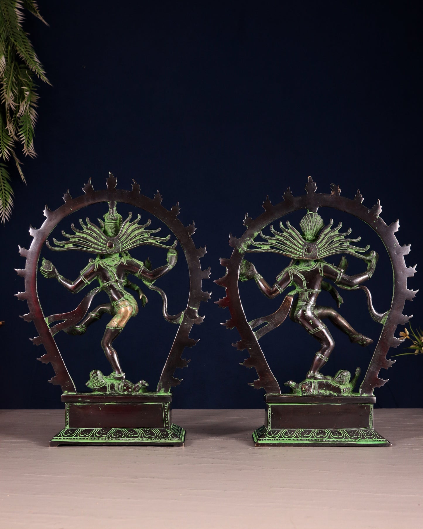 Pair of Brass Nataraja Statues – Black & Green Patina Tone (Mirror Image Set) 12"