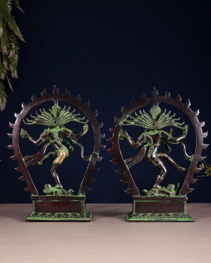 Pair of Brass Nataraja Statues – Black & Green Patina Tone (Mirror Image Set) 12"