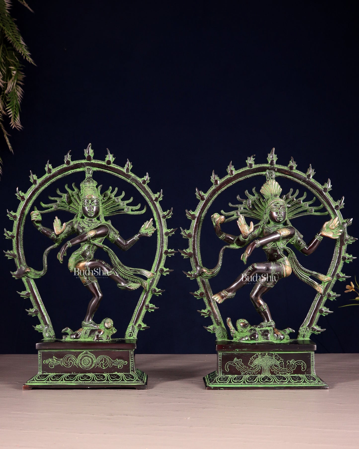 Pair of Brass Nataraja Statues – Black & Green Patina Tone (Mirror Image Set) 12"