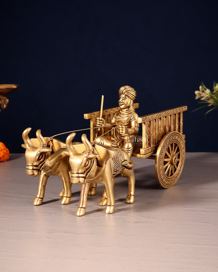 Pure Brass Indian Villager Bullock Cart – Traditional Showpiece & Gift 11" wide.