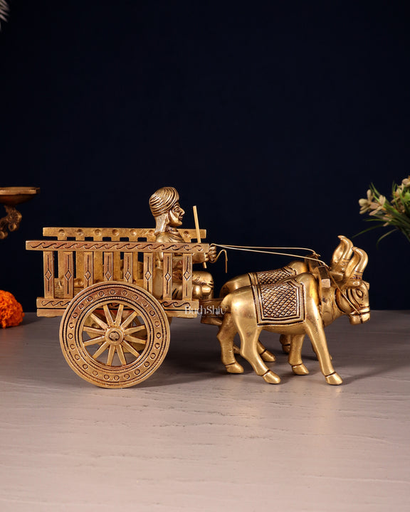 Pure Brass Indian Villager Bullock Cart – Traditional Showpiece & Gift 11" wide.